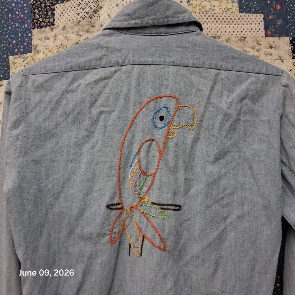 Vintage Kmart Sanforized Chambray Folk Embroidered Shirt Size 16 / Medium OOAK